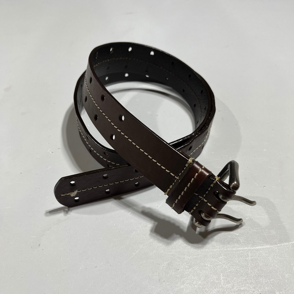 Mens Brown Genuine Leather Double Prong Belt Contrast Stitch Medium Old Money